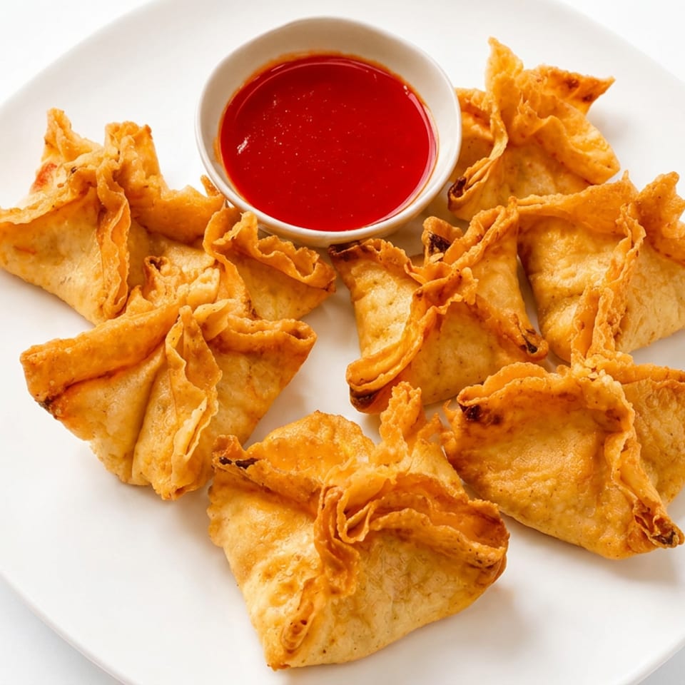 Plate of golden fried triangular dumplings served with a bowl of bright red dipping sauce.