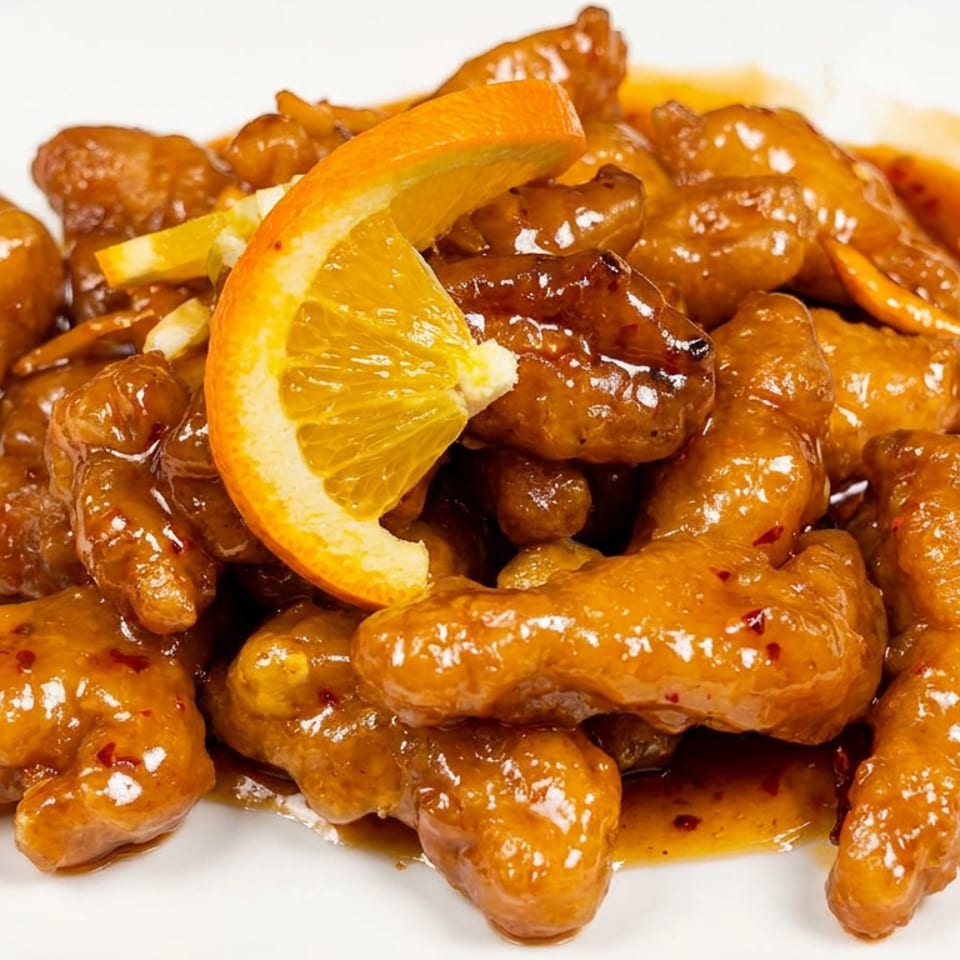 Glazed orange chicken pieces piled on a white plate, garnished with orange slices and surrounded by glossy sauce.